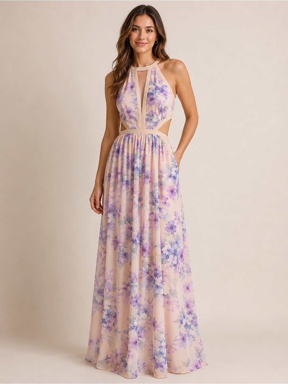 Gianni Bini Blush Maxi Dress with Lavender Floral Print XS